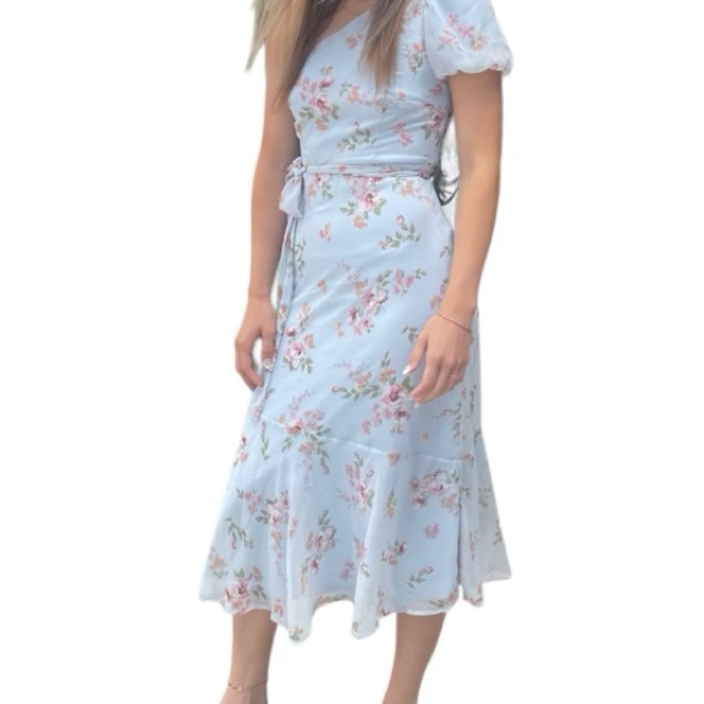 Altar'd State Size XS Blue Floral One Shoulder Puff Sleeve Belted Midi Dress - Picture 2 of 7